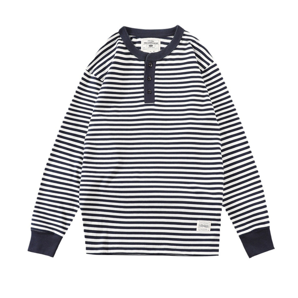 Men's Retro Henry Collar Striped Washed Cotton Long-Sleeve T-Shirt