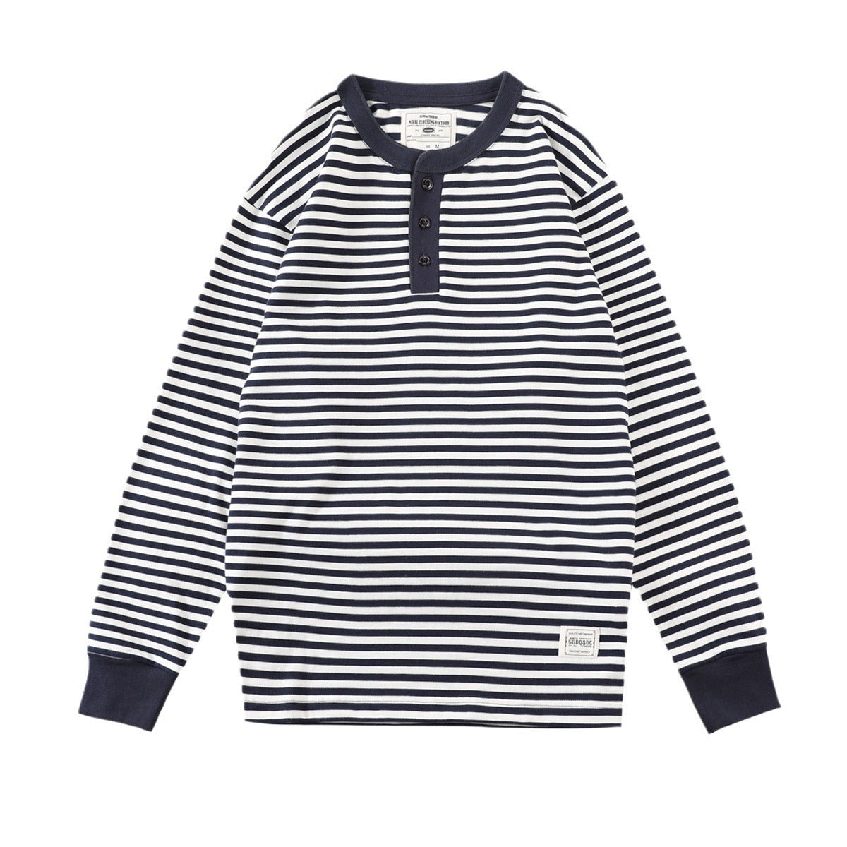Men's Retro Henry Collar Striped Washed Cotton Long-Sleeve T-Shirt