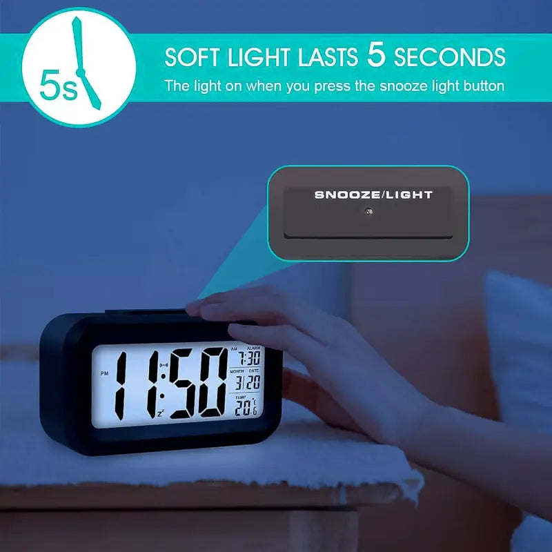 Digital LCD Alarm Clock with Auto Backlight | Time, Date & Temperature