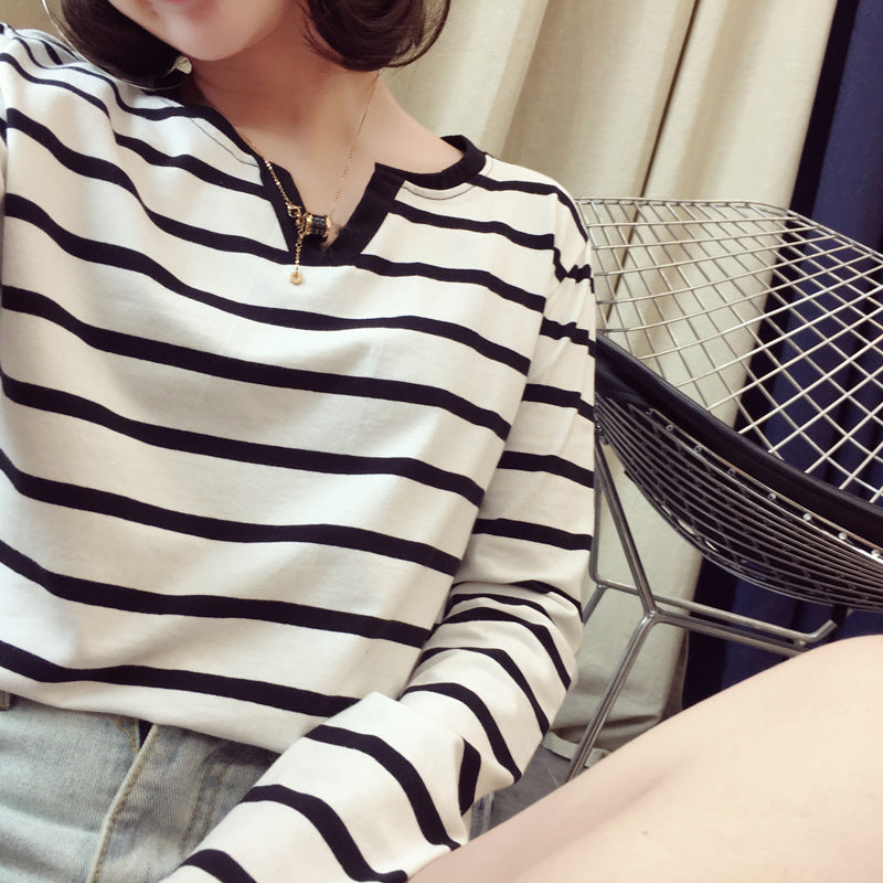 V-neck Striped Long Sleeve Slim Bottoming Shirt Women's T-shirt