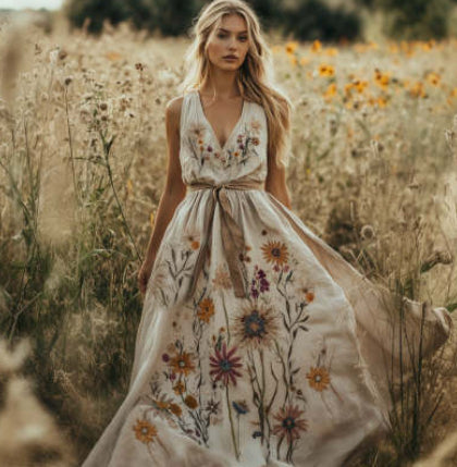 European And American Print Holiday Dress