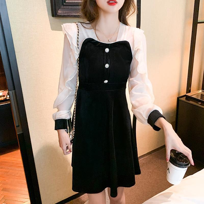 Chiffon Panel Velvet Dress For Women