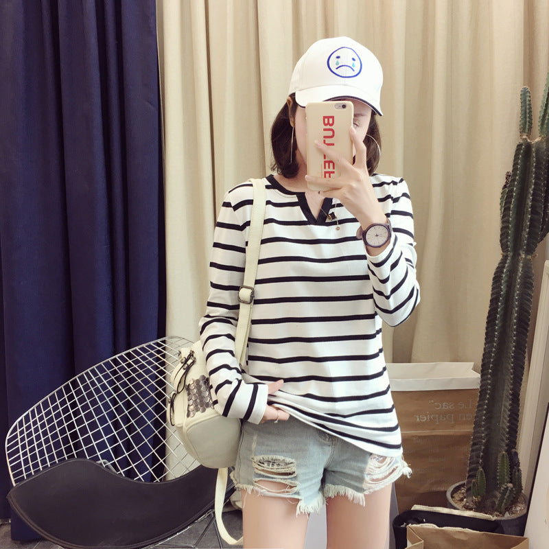 V-neck Striped Long Sleeve Slim Bottoming Shirt Women's T-shirt