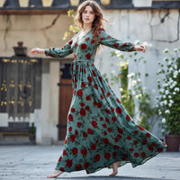 Retro Elegant Waist-Cinching Printed V-Neck Long-Sleeve Womens Dress