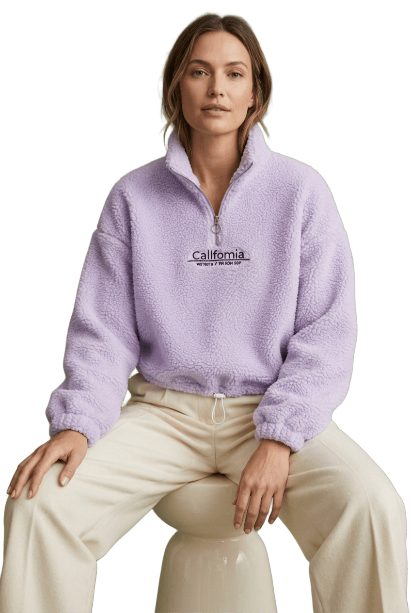 Seated woman wearing a lavender quarter-zip fleece pullover with cream trousers