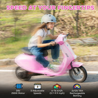 24V Kids Motorcycle with 3-Speed, Electric Motorcycle with Rear Suspension and LED Lights for 8-12 Years Old, Pink