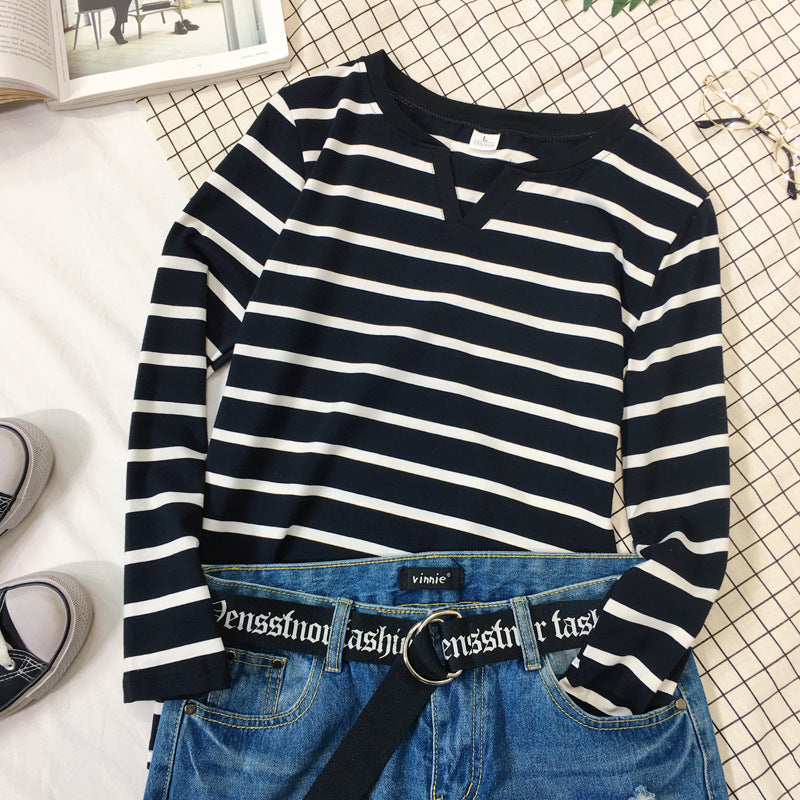 V-neck Striped Long Sleeve Slim Bottoming Shirt Women's T-shirt