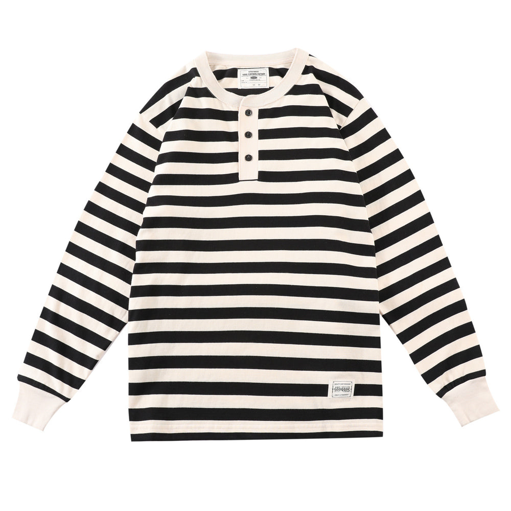 Men's Retro Henry Collar Striped Washed Cotton Long-Sleeve T-Shirt