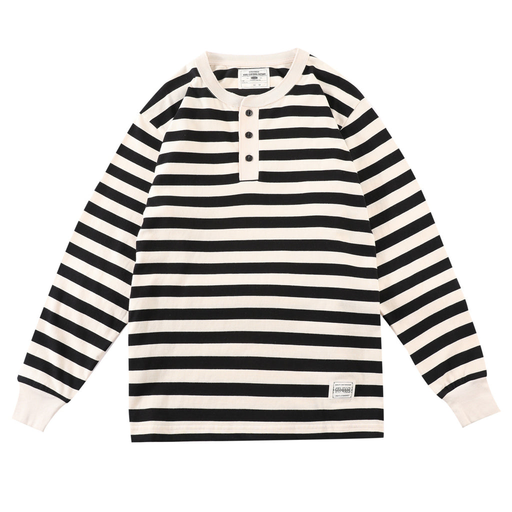 Men's Retro Henry Collar Striped Washed Cotton Long-Sleeve T-Shirt