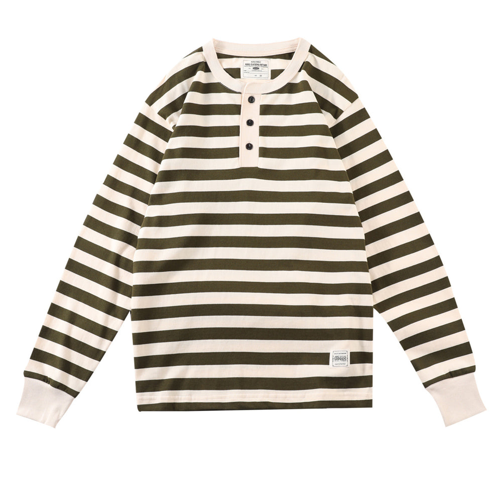 Men's Retro Henry Collar Striped Washed Cotton Long-Sleeve T-Shirt