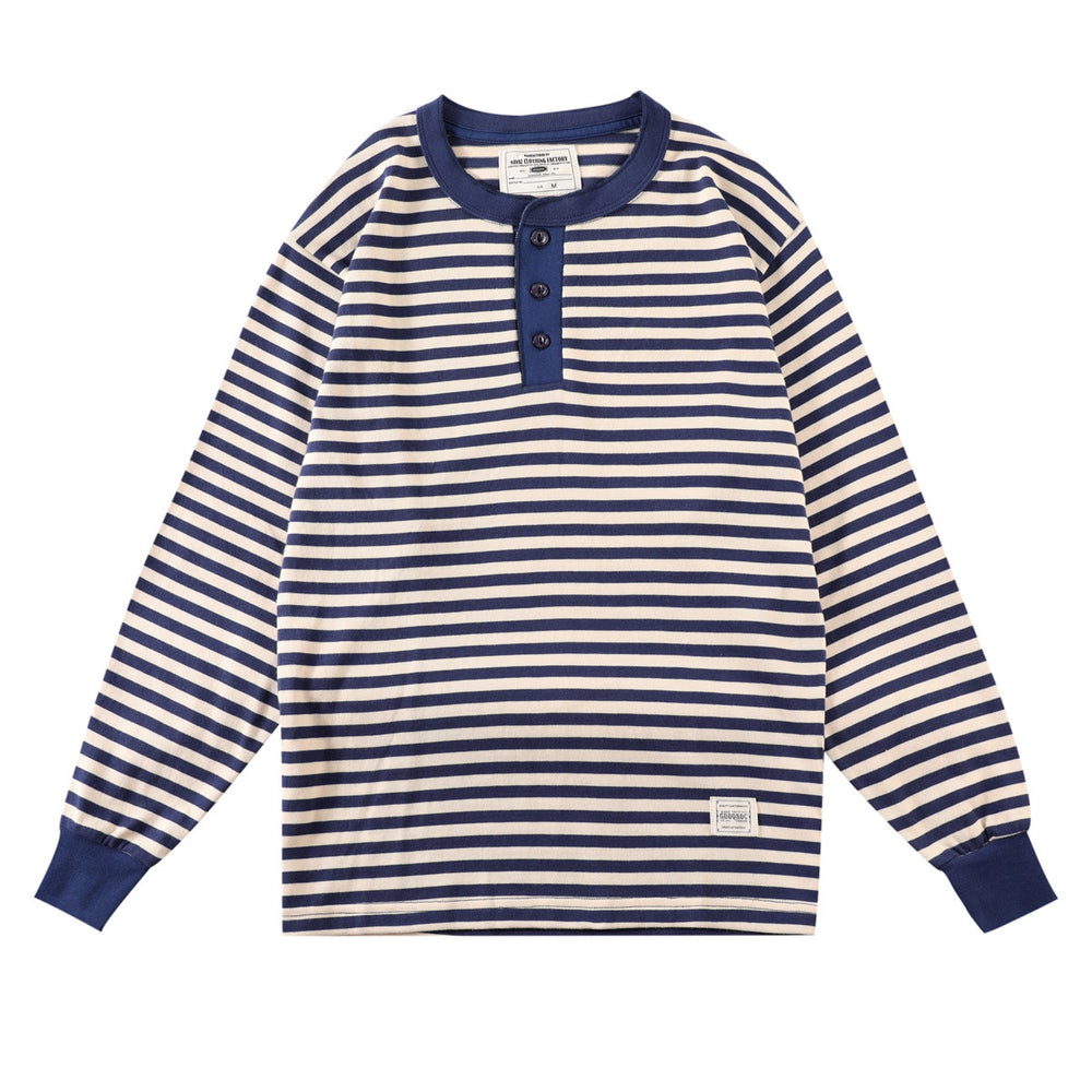 Men's Retro Henry Collar Striped Washed Cotton Long-Sleeve T-Shirt