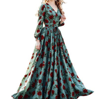 Retro Elegant Waist-Cinching Printed V-Neck Long-Sleeve Womens Dress