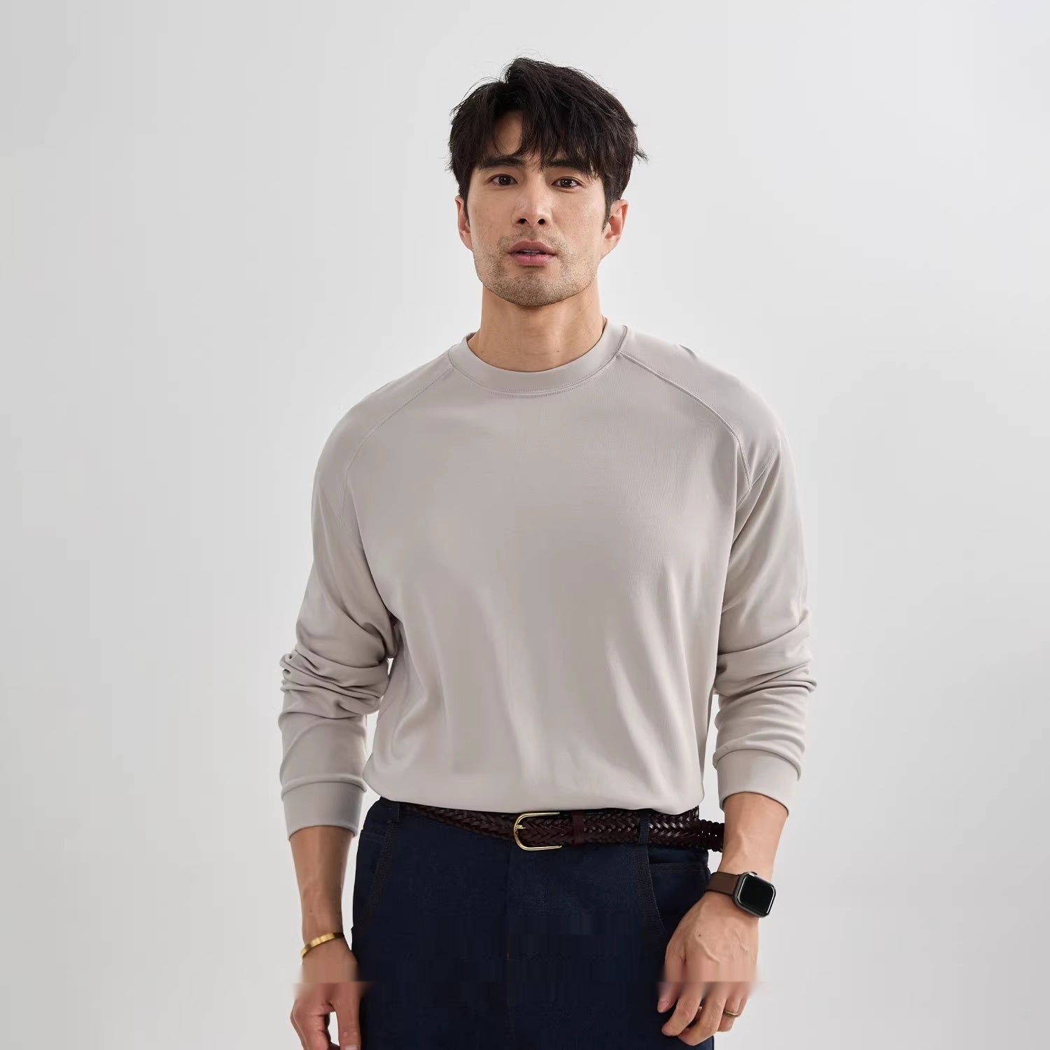 Mens Long-Sleeve American-Style Solid-Color Raglan Sleeve Top