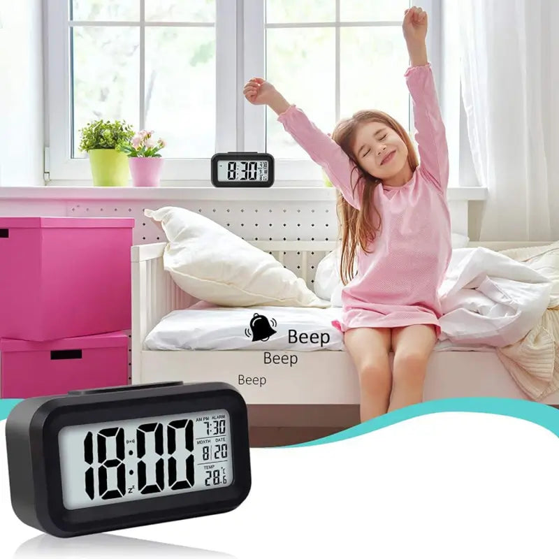 Digital LCD Alarm Clock with Auto Backlight | Time, Date & Temperature