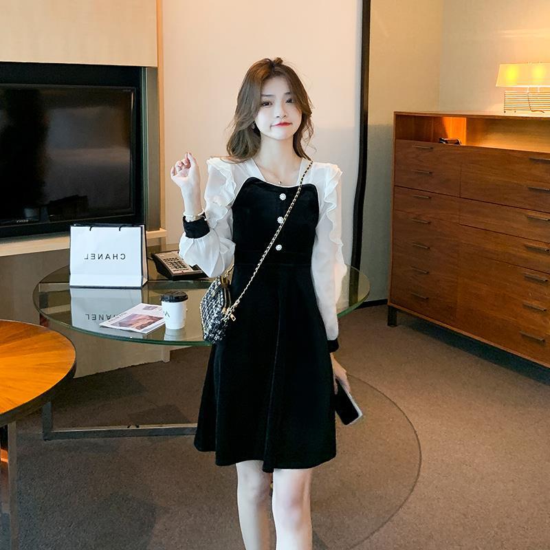 Chiffon Panel Velvet Dress For Women