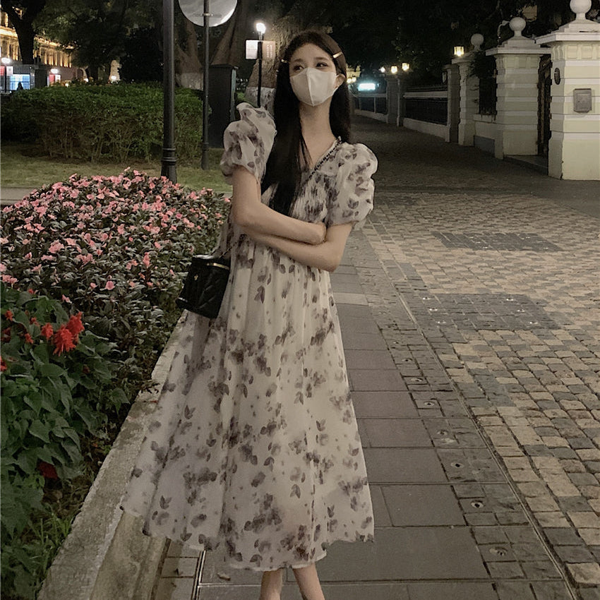 Square Neck Mid Length Pleated Waistband Skirt