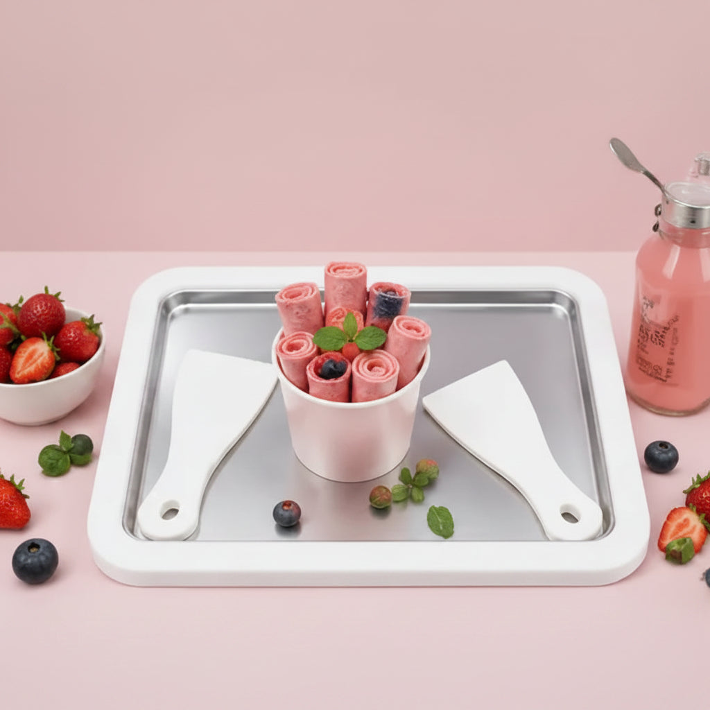 Rolled Ice Cream Maker Pan | Homemade Frozen Dessert Machine with 2 Spatulas for Ice Cream, Gelato & Yogurt