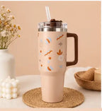 Cute Aesthetic Stainless Steel Handle Tumbler – Reusable Travel Cup with Straw for Hot & Cold Beverages