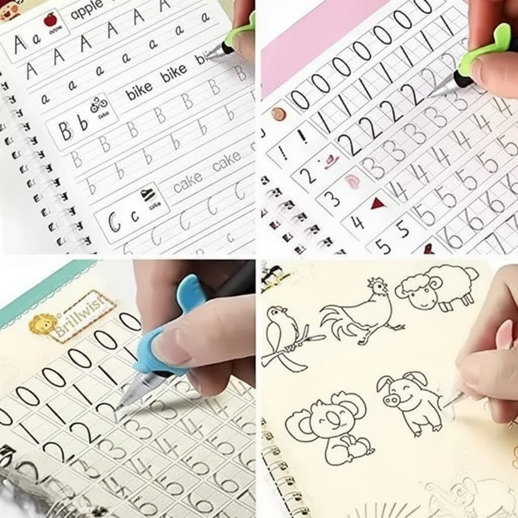 Magic Practice Copybook Set for Kids | 4 Reusable Handwriting Books with 10 Refills, Pen & Grip | Alphabet, Numbers, Drawing & Math Learning Activity Books