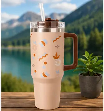Cute Aesthetic Stainless Steel Handle Tumbler – Reusable Travel Cup with Straw for Hot & Cold Beverages