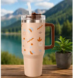 Cute Aesthetic Stainless Steel Handle Tumbler – Reusable Travel Cup with Straw for Hot & Cold Beverages
