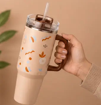 Cute Aesthetic Stainless Steel Handle Tumbler – Reusable Travel Cup with Straw for Hot & Cold Beverages