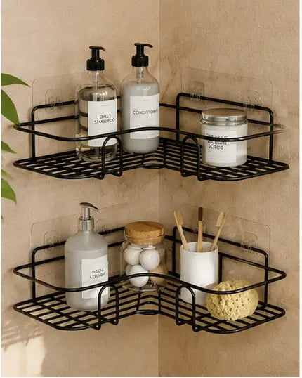 Self Adhesive Metal Corner Shelf for Bathroom & Kitchen | Wall Mounted L-Shape Storage Rack (Pack of 2)