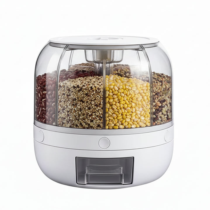 Dravizon 6-Grid Rotating Food Dispenser - Rice Bucket Storage Tank, Cereal Dispenser, Stackable Containers, One-Click Rice Picking, White