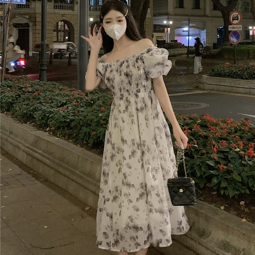 Square Neck Mid Length Pleated Waistband Skirt