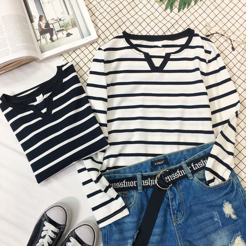 V-neck Striped Long Sleeve Slim Bottoming Shirt Women's T-shirt