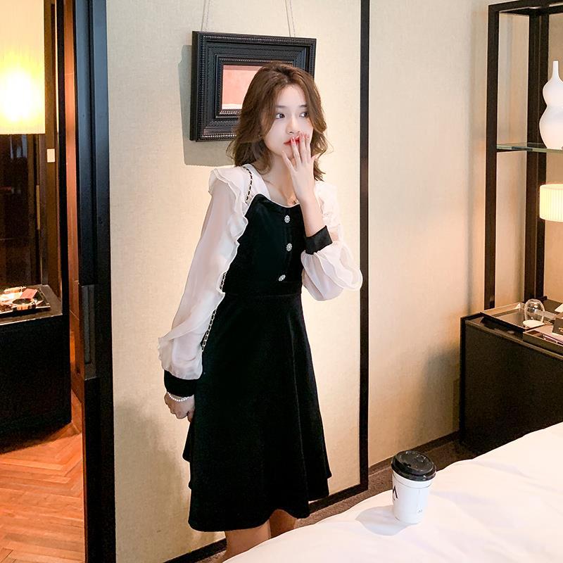 Chiffon Panel Velvet Dress For Women
