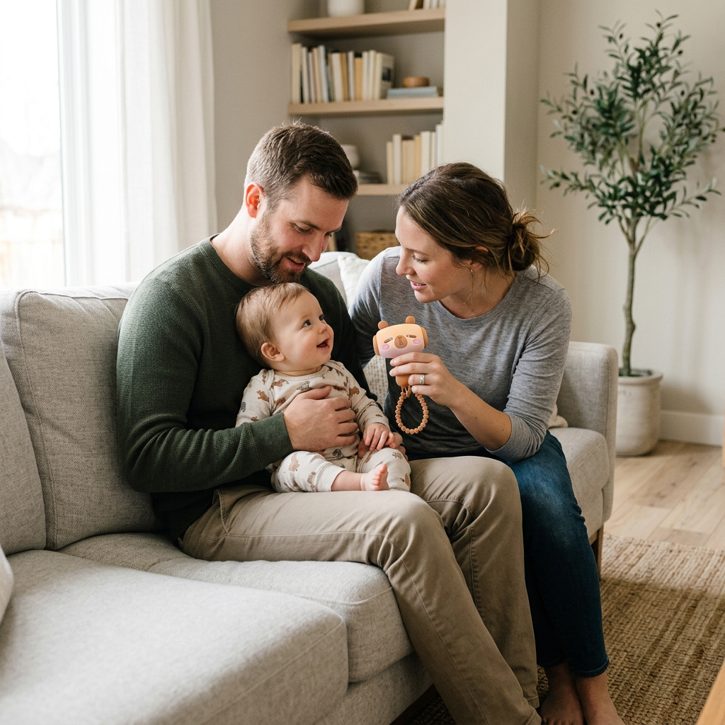 American parents presenting the keychain to their one-year-old baby