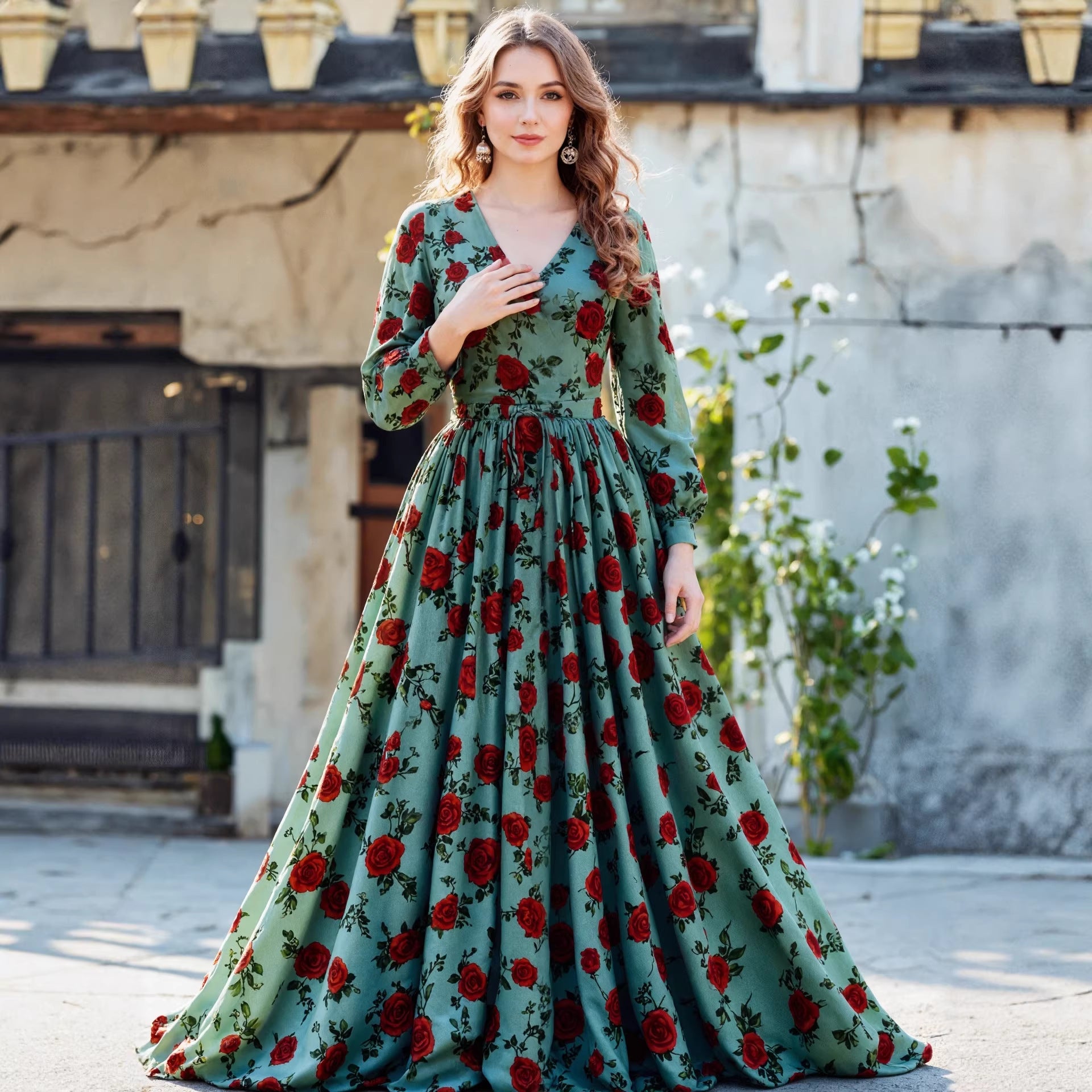 Retro Elegant Waist-Cinching Printed V-Neck Long-Sleeve Womens Dress