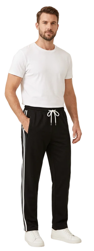 Black track pants three-quarter view