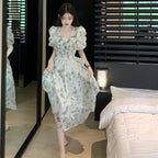 Square Neck Mid Length Pleated Waistband Skirt