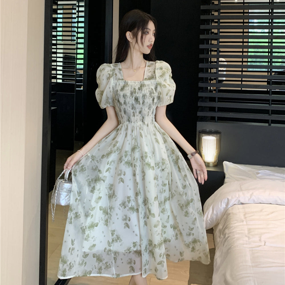 Square Neck Mid Length Pleated Waistband Skirt