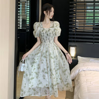 Square Neck Mid Length Pleated Waistband Skirt