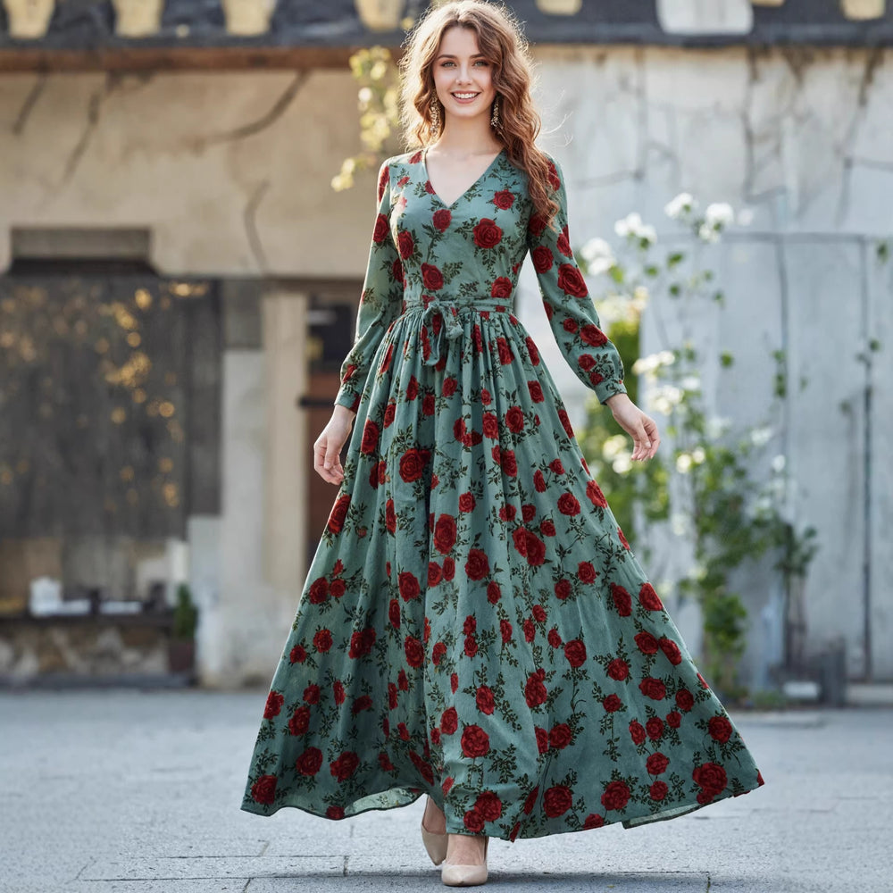 Retro Elegant Waist-Cinching Printed V-Neck Long-Sleeve Womens Dress