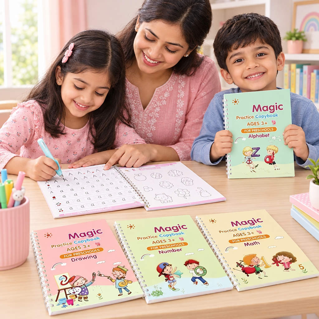 Girl and boy with their mother practising with the Magic Practice Copybooks