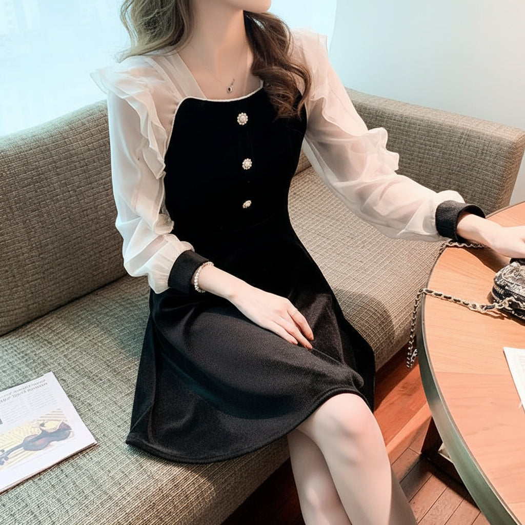 Chiffon Panel Velvet Dress For Women