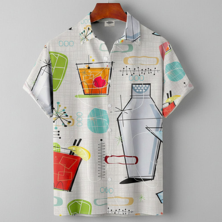 Mixed Color Stripe 3D Digital Printing Loose Short Sleeve Shirt Men's Top