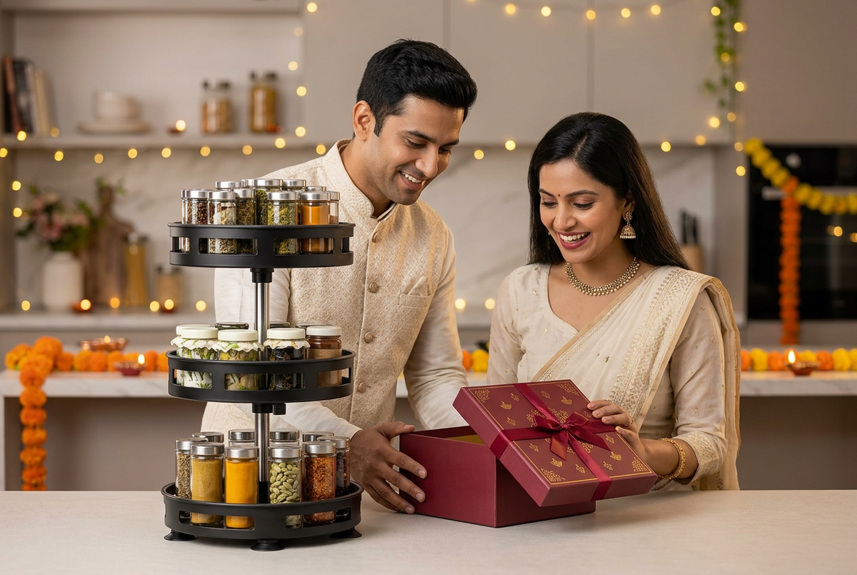 Diwali kitchen rack gifting scene