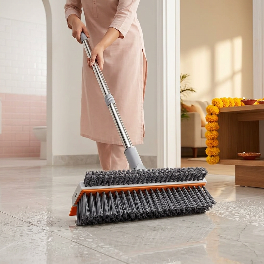 3-in-1 Orange Wiper Brush – Long Handle Bathroom Floor & Glass Cleaning Squeegee
