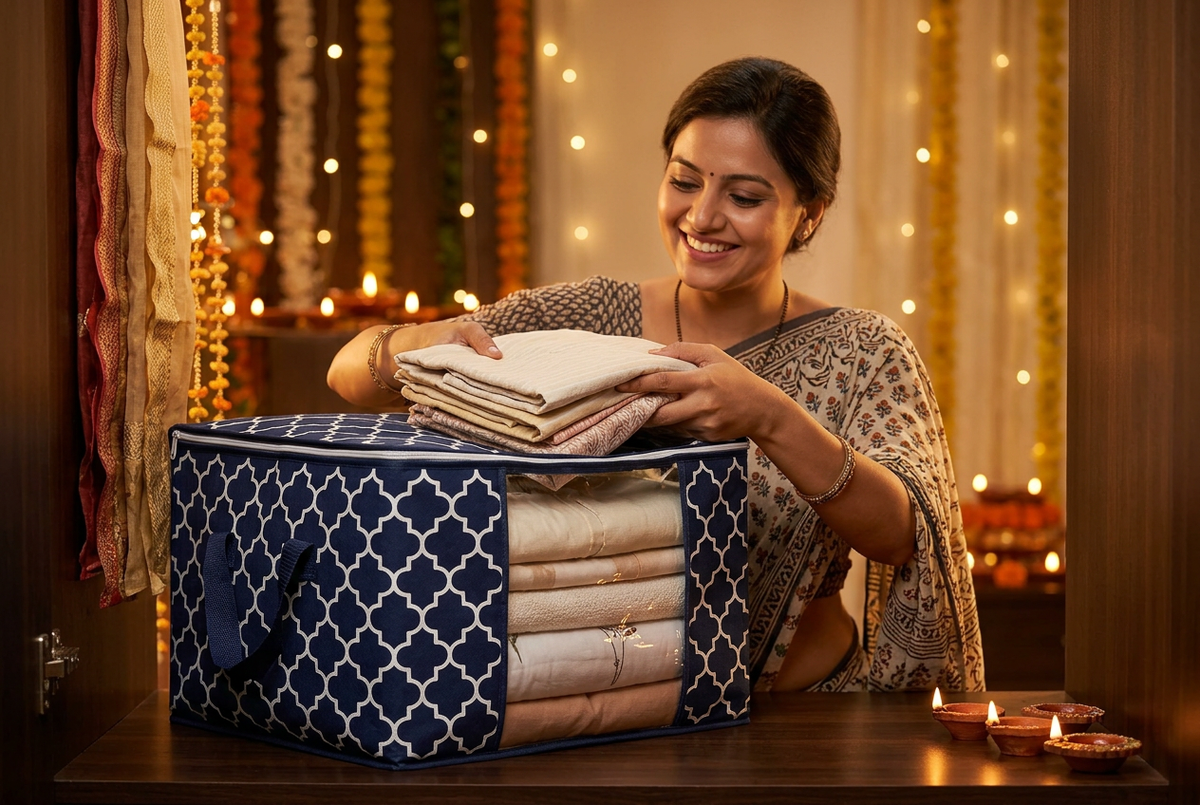 Woman preparing summer clothes for storage in a navy quilted clear-front bag during Diwali