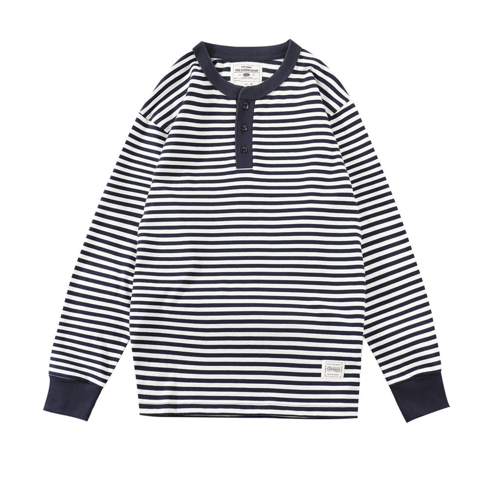 Men's Retro Henry Collar Striped Washed Cotton Long-Sleeve T-Shirt