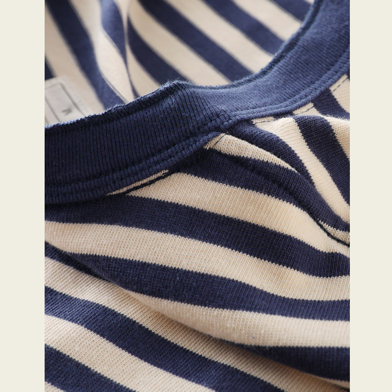 Men's Retro Henry Collar Striped Washed Cotton Long-Sleeve T-Shirt