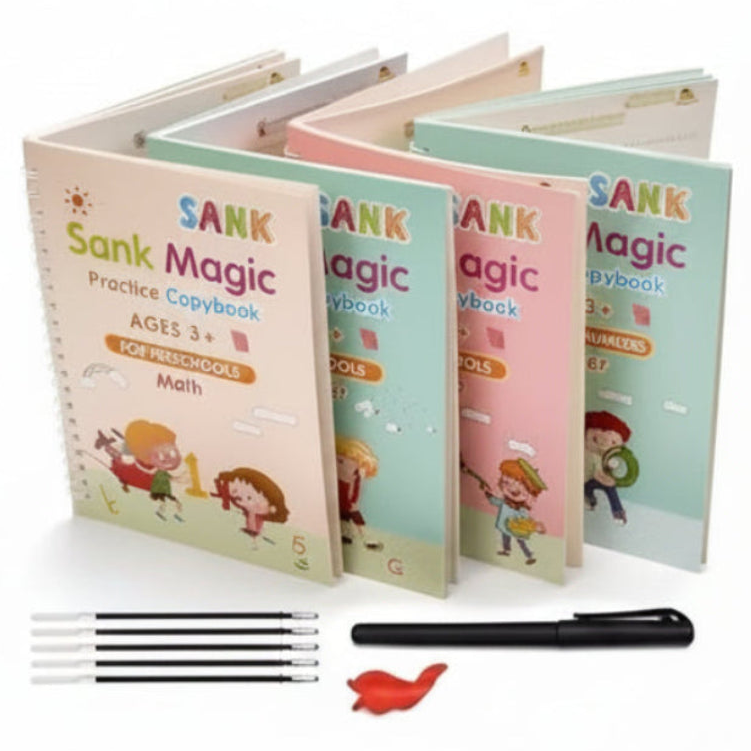 Magic Practice Copybook Set for Kids | 4 Reusable Handwriting Books with 10 Refills, Pen & Grip | Alphabet, Numbers, Drawing & Math Learning Activity Books