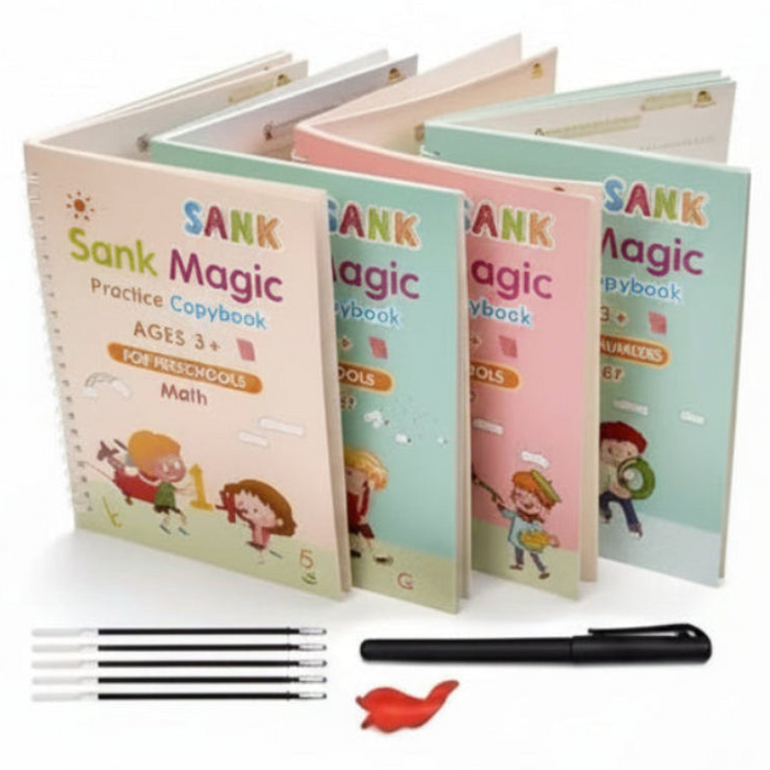 Magic Practice Copybook Set for Kids | 4 Reusable Handwriting Books with 10 Refills, Pen & Grip | Alphabet, Numbers, Drawing & Math Learning Activity Books