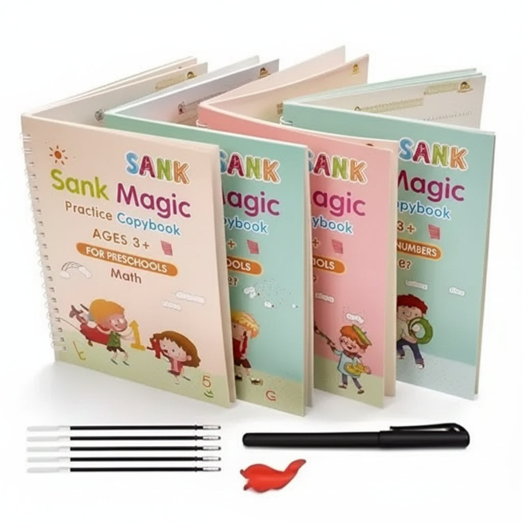 Magic Practice Copybook Set for Kids | 4 Reusable Handwriting Books with 10 Refills, Pen & Grip | Alphabet, Numbers, Drawing & Math Learning Activity Books