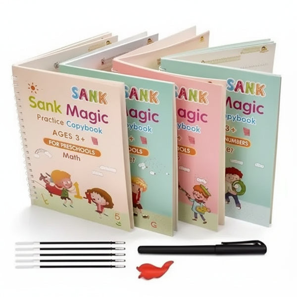 Magic Practice Copybook Set for Kids | 4 Reusable Handwriting Books with 10 Refills, Pen & Grip | Alphabet, Numbers, Drawing & Math Learning Activity Books